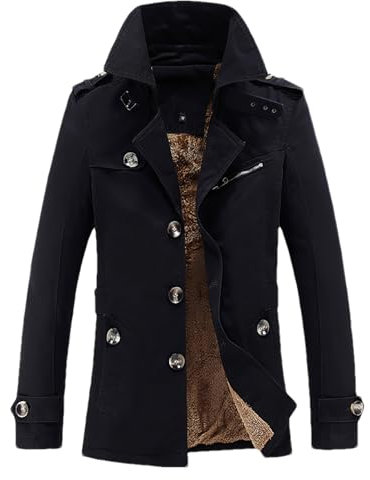 ANUEFR Men's Thermal Thick Fluff Lining Windbreaker Elegant Lapel Single-Breasted Winter Trench Coat SN079215 Black XL