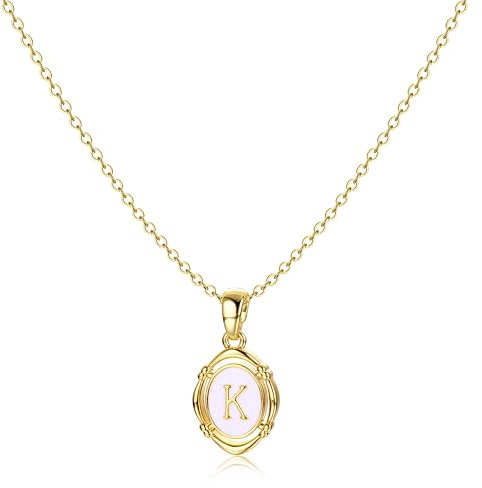 BodyBonita Kette mit Buchstabe - Oval Halskette Damen Gold, 14K Vergoldet Initialen Halskette Goldkette Kette Mit Namen, Exquisit Anhänger A-Z Namenskette Personalisierte für Damen Mädchen