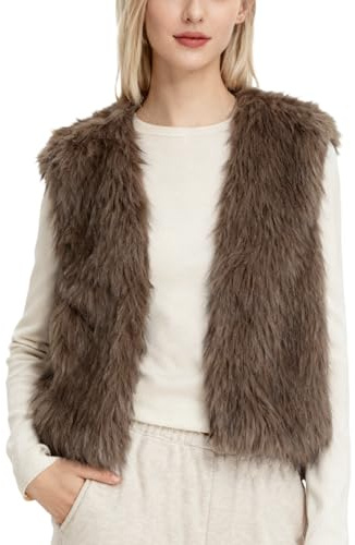 Amazhiyu Gilet en fourrure synthétique pour femme - Gilet court en peluche - Automne et hiver - Sans manches - En fausse fourrure - Gilet d'hiver chaud en polaire, kaki, M
