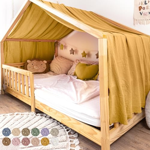 lilimaus Hausbett Himmel mit Gold Applikation [in 12 Farben] Betthimmel Hausbett aus 100% Baumwolle Musselin - Stoffhimmel für Hausbett Deko Mädchen & Jungen - Himmel für Hausbett Kinderbett Vorhang