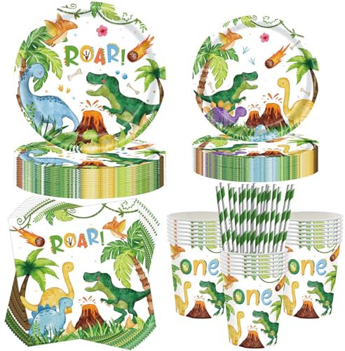 Aitsite 100 Stück Dino Partygeschirr Set, Ölgemälde Dinosaurier Partyteller Geburtstag für 20 Gäste, Dino Geburtstag Geschirr, Dinosaurier Party Deko Set, Kindergeburtstag Teller Becher Servietten