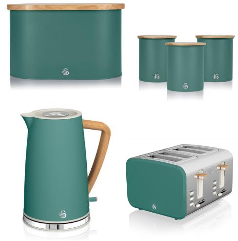 Swan Nordic Green 1.7L Jug Kettle, 4 Slice Toaster, Bread Bin & Canisters. Scandinavian Inspired Design Matching Kitchen Set of 6 in Pine Green