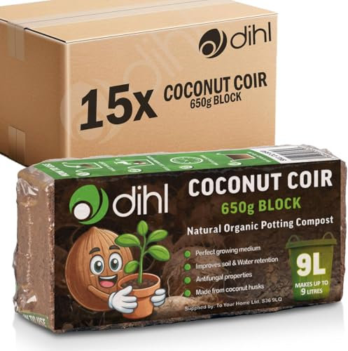 Dihl 15x 650g Organic Coconut Coco Coir Fibre Compost Block Bricks, 100% Natural Compressed Peat-Free Garden Growing Medium, Seedling Potting Bedding Soil, pH Balanced - 9.75 KG 135 Litres