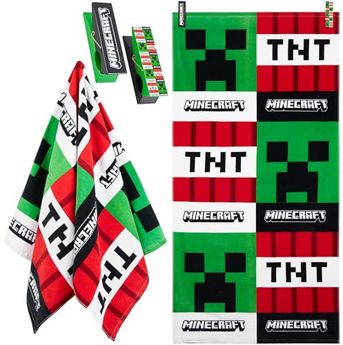Minecraft Handtuch Kinder Teens 70x140cm mit 2 Clips Strandtuch Creeper TNT 100% Strandtücher Baumwolle Schnelltrocknend Duschtuch für Pool Urlaub