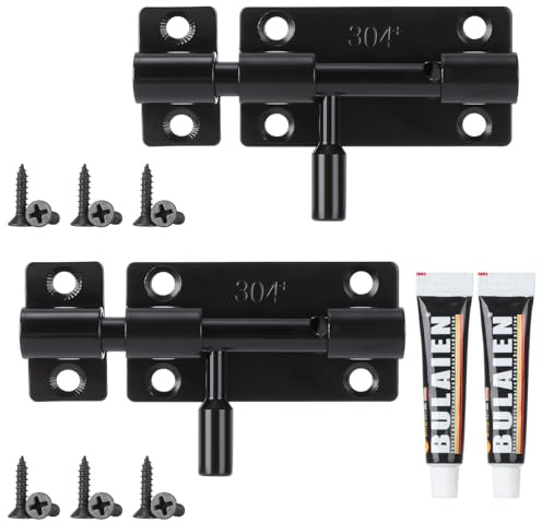 2 Stück Türriegel Edelstahl, Schwarz Schieberiegel mit Loch für Vorhängeschloss, Verdickter Riegelschloss mit Klebstoff und 12 Schrauben, Bolzenriegel für Gartentor, Badezimmer, Schuppen, Toilette