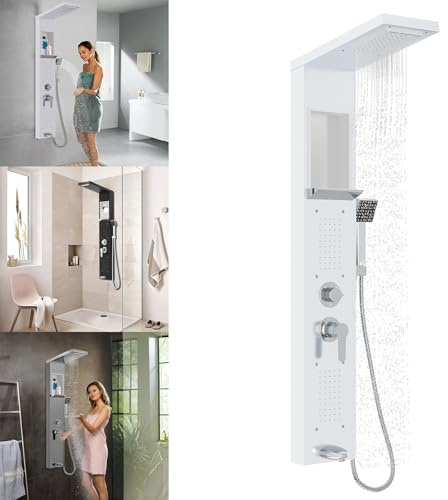 YARDIN Pannello doccia a pioggia con ripiano e rubinetto, 5 funzioni, in acciaio inox, montaggio a parete, con doccetta, doccia a pioggia, doccia a cascata, colonna doccia, colore bianco