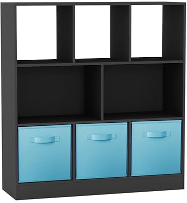 URBNLIVING Asymmetrical 8-Cube Bookcase Shelf – Black Storage Unit with 3 Fabric Drawers, Modern Display Organizer for Home or Office - Sky Blue