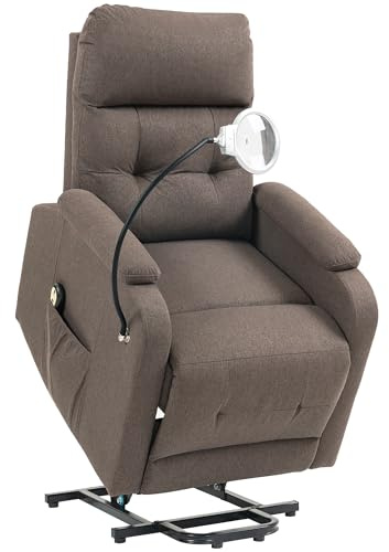 HOMCOM Lift Recliner Armchair for Elderly, Electric Recliner Chair with LED Magnifying Glass, Linen Fabric Riser Reclining Chair with Remote Control, Side Pockets for Living Room, Brown