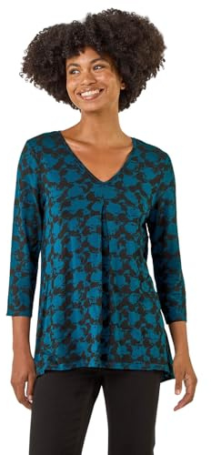 Roman Originals Leaf V Neck Stretch Jersey Top for Women UK Ladies Pleated Shirt Notch V Neck Blouse Summer Tunic Pull-On Soft Evening Holiday Work Party Everyday - Blue Noir - Size 20