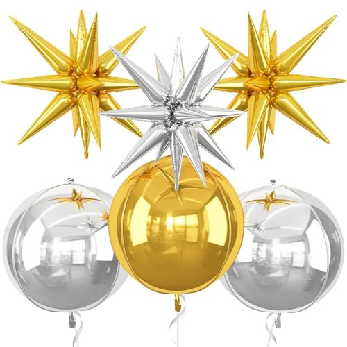 Fesnova 6 Stück Gold Silberne Folienballons, 4D Explosion Stern Folienballon Runde Metallic Luftballon Set, für Geburtstags, Hochzeits, Babyparty, Abschlussball, Party und Jubiläumsdekorationen