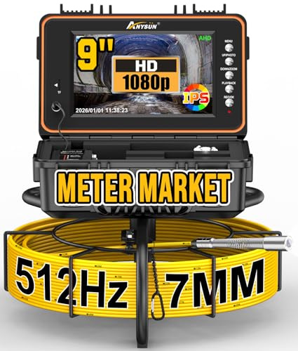 Anysun Cámara Inspección Tuberías, Auto-Nivelación Endoscopio Tubería con Transmisor 512Hz, Cámara 23MM 1080P HD, 50M Cable 7MM, DVR, IPS 9 Video Inspección Tuberías IP68 Impermeable, Batería 5100mAh