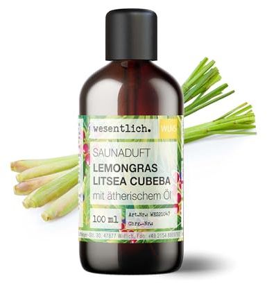 wesentlich. Saunaaufguss Lemongras-Litsea Cubeba | intensiver Saunaduft mit 100% naturreinen, ätherischen Ölen | 100ml Braunglasflasche