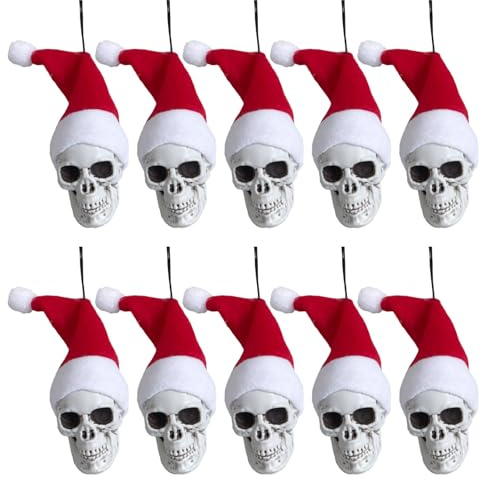 Gothic Weihnachten Deko, Christbaumkugeln, Totenköpfe mit Weihnachtsmütze, 24 Stück Hängeköpfe, Weihnachtsmannmütze, Halloween Skelettkopf, Ornament für Feiertagspartys, Weihnachten, Weihnachtszubehör