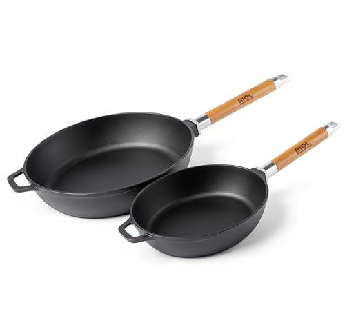BIOL Gusseisen Pfannen Set 24 cm + 28 cm – 2 -teilig – Mit abnehmbaren Holzgriffen – Für Induktion, Gas, Ceran, Grill & Backofen geeignet (Set 24/28 cm ohne Deckel)