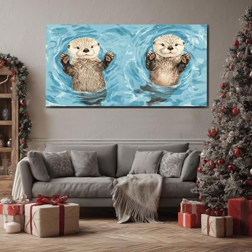 ZORYAN Illustration Otter Bilder für Wohnzimmer Blaues Wasser Großes Leinwandbild für Schlafzimmer, Wandbilder XXL Comic Säugetier Kunstdruck als Wanddeko Bild auf Leinwand 60x120 cm