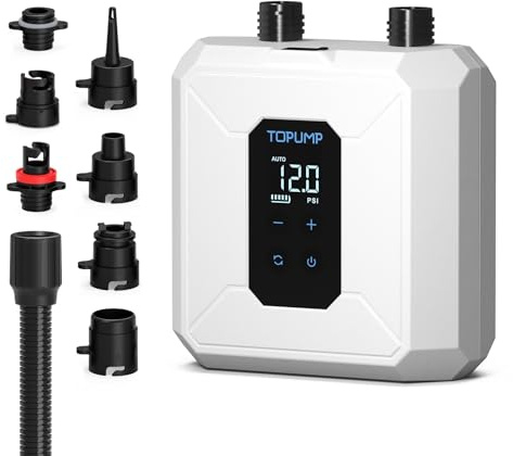 TOPUMP Pompa SUP Ricaricabile, 20PSI portatile senza fili | Doppio stadio, gonfiaggio e sgonfiaggio, spegnimento automatico, a batteria, 7 ugelli, per kayak, barche, tende