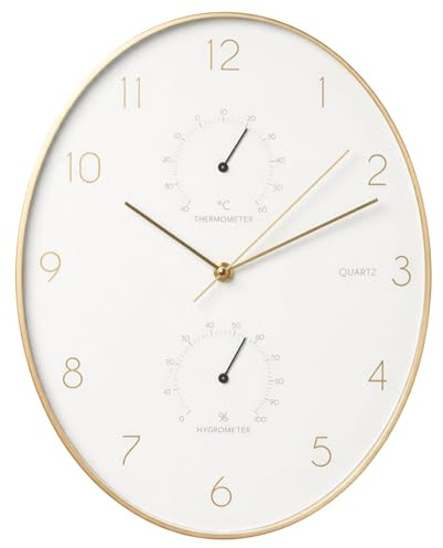 MIJOMA Wanduhr oval aus Aluminium 34,5 cm – Design Wanduhr Weiß mit goldenem Rand – Mit integriertem Thermometer und Hygrometer