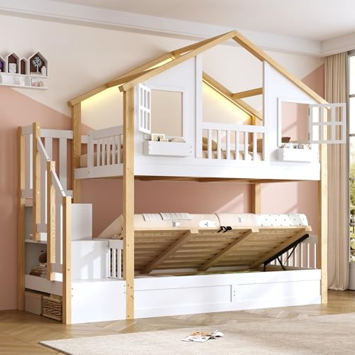 FammyLoft Hochbett Kinder mit Hydraulischem Unterbett, 90 * 200+90 * 200 cm Hausbett mit LED und Stauraumtreppe, Etagenbett mit Fenster-Form, Stockbett, Jugendbett, Ohne Matratze, Weiß+Naturfarbe