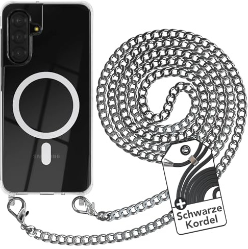 EAZY CASE - Handykette kompatibel mit Galaxy A17 Kette zum Umhängen Stoßfest Handyhülle für Galaxy A17 Silikon Hülle mit Band aus Metall Transparent als Fallschutz in Silber