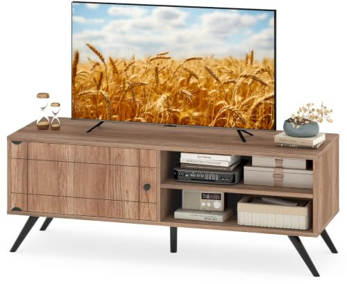 SOARS Mobile TV Moderno, Lungo 120 cm per Televisore Fino a 55 Pollici | Tavolino Basso Porta TV con 1 Armadietto, 2 Ripiani e Passacavi, Consolle Multimediale in Legno, per Soggiorno e Camera