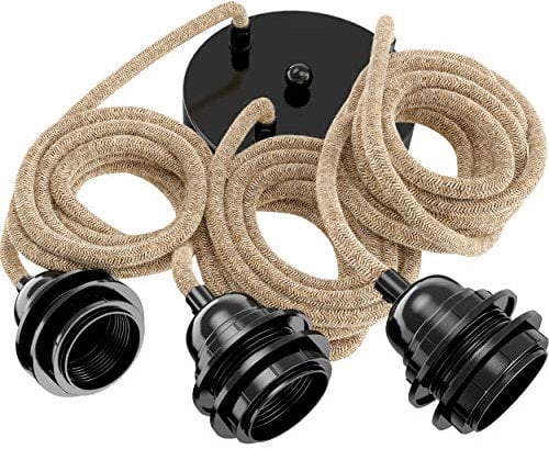 Hoopzi - Pendelleuchte 3 Flamming - 2,5m Textilkabel Seil und Schwarz - 3 X E27 Fassung - Vintage, Industrial Für Esstisch, Wohnzimmer, Esszimmer, Zimmer, Schlafzimmer, Küche