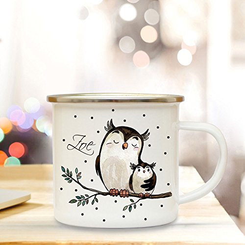 ilka parey wandtattoo-welt Emaille Tasse Becher mit Eulen Pärchen Kaffeebecher Camping Becher Eulenmotiv mit Name Wunschname eb21
