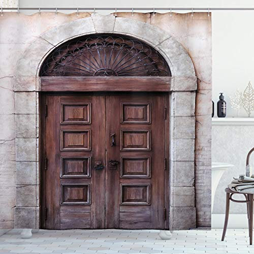 ABAKUHAUS Rustikal Duschvorhang, Gewölbte Venetian Tür, Stoffliches Gewebe Badezimmerdekorationsset mit Haken, 175 x 180 cm, Braun Creme