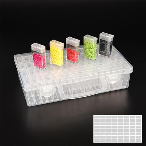 BELLE VOUS 64 Fächern Plastik Diamond Painting Aufbewahrungsbox mit Etiketten - Transparenter Diamond Painting Koffer - Diamond Painting Box für Steine Basteln, Perlen, Sticken, Schmuck Herstellung