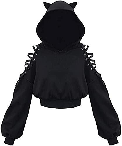 Siyova Felpa con Cappuccio da Donna con Orecchio di Gatto Carino Felpa Corta con Spalle Scoperte Punk Nero Pullover a Maniche Lunghe Top Autunnale Primaverile per Ragazza (Nero, S)