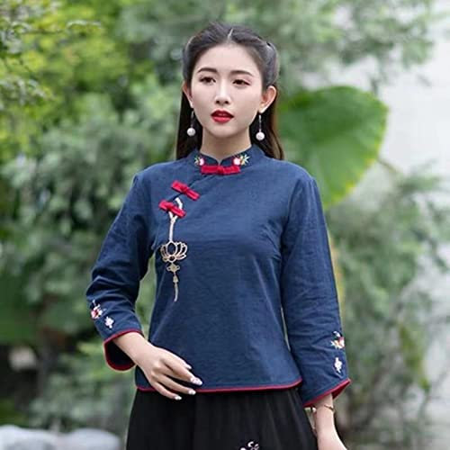 JIMINISO M-4XL Grande Taille vêtements Traditionnels Chinois Broderie Cheongsam Chemises Bleu Marine Femme Blouse Femmes Coton Lin Qipao Hauts