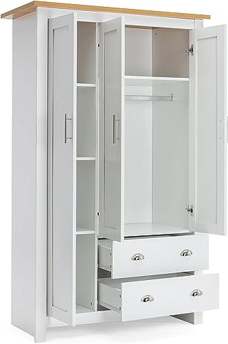 Blisswood 3 Door 2 Drawer Wardrobe For Bedroom MDF With Shelf Hanging Rail Cloth Storage Wooden Wardrobe With Drawer Large Cupboard Bedroom Furniture, White & Oak