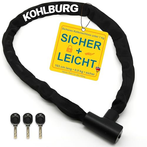 KOHLBURG Kettenschloss Fahrrad [103cm lang, 6mm starke Titan-Stahl Kette] - zuklickbares Fahrrad Schloss mit Schlüssel [3x] auch als e Scooter Schloss & e Bike lock - Fahrradschloss hohe Sicherheit