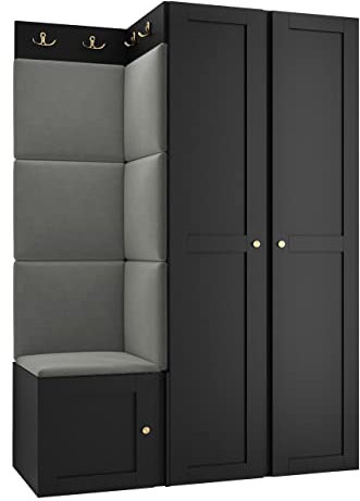 Mirjan24 Garderoben-Set Rotuni XXIII, Kleiderschrank, Schuhschrank mit 3 Fächer + Kleiderhakenbrett, Gepolstertes Wandpaneel, 8 Doppelhaken Flurgarderobe Wandgarderobe (Schwarz, Manila 16)