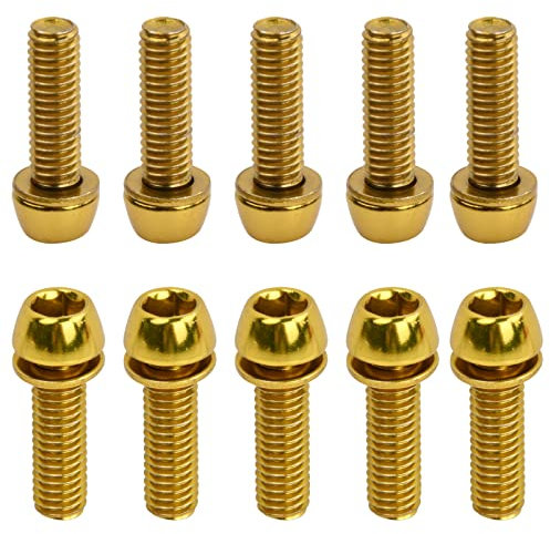 10 Stück Fahrrad Vorbau Schrauben, M6 x 20 mm Fahrrad Kegelschrauben mit Unterlegsscheiben, Fahrrad Stamm Bolzen, Fahrradschaftschrauben, Kegelkopf Schraube für Mountainbike (Golden)