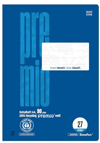 Staufen premio Schulheft - 4 Hefte je 16 Blatt, DIN A4, Lineatur 27 (9mm liniert mit Randlinien), 90 g/m² Recyclingpapier, runde Ecken verhindern „Eselsohren“