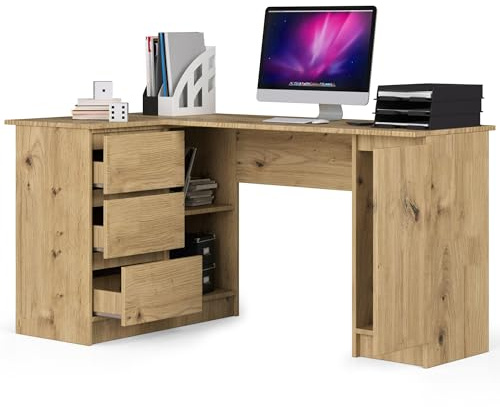 BDW Eckschreibtisch Links, 3 Schubladen und 4 Einlegeböden, viel Platz zum Ausbreiten, für Jugendzimmer, Büros und Ateliers, Computertisch, Arbeitstisch, Bürotisch, 155x77x90, Eiche Artisan
