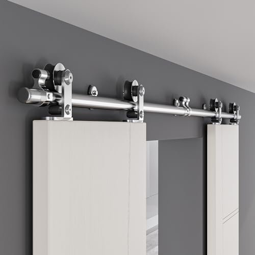 ETIASQSA 304CM/10FT Rail Sliding Barn Door Hardware Kit Stainless Steel Track Roller Accessory for Double Door(T)