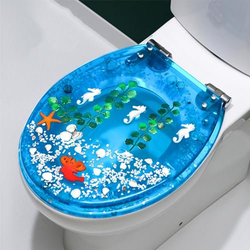 Wttfc WC-Sitz mit Absenkautomatik, Toilettensitz aus Transparent Harz, WC Deckel mit Edelstahl-Scharnier, 3D-Ozean-Serie Toilettendeckel mit Echte Muscheln und Kies, V-Form Toilettenbrille,C