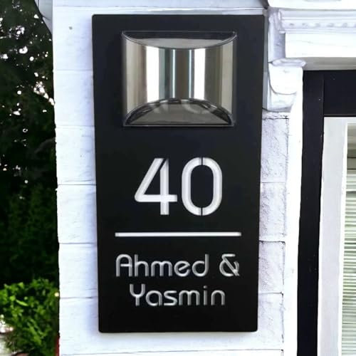 Plaque de porte solaire moderne personnalisée, plaque d'adresse éclairée avec LED, plaque de numéros de maison, panneau solaire personnalisé avec nom de rue, jardin, cour, maison pour l'extérieur