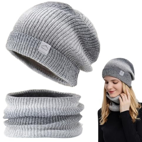 Damenmützen Winter, Mützen Damen Winter Set, Wintermütze Strickmütze mit Schal, Mütze Schal 2 in 1, Geeignet für kaltes Wetter, 56-60CM (Grau)