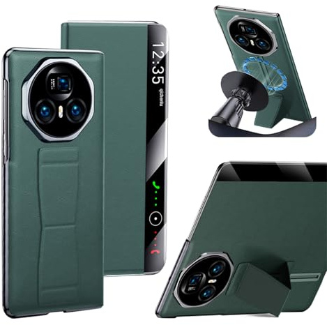 qichenlu Echtleder Intelligentes View Window Case für Honor Magic V3,【Kabelloses Laden mit Magnettechnik,Fingerhalter,Ständer】 Luxus Rindsleder Handytasche Magnetische Hülle - Grün