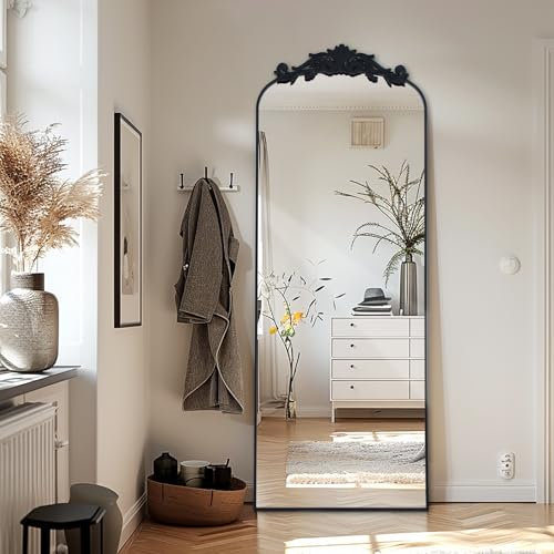 LunaMirror Filigree Standspiegel 146x44cm Ganzkörperspiegel met Vintage Sierlijke Gesneden Applicatie Retro Home Decor Wandspiegel voor Woonkamer Slaapkamer Hal Entree, Schwarz