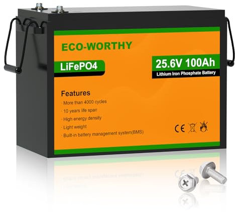 ECO-WORTHY 24V 100AH LiFePO4 Battery,Built-in BMS,4000-15000 Deep Cycles Lithium Rechargeable Battery,for Motorhome,Boat,Household,Off Grid System