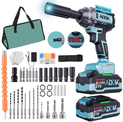 BursDany Akku Schlagschrauber 750N.m, Schlagbohrmaschine mit 8000 mAh Akkus, Bürstenloser Motor, 6 Gänge 2600 U/min, 7 Steckschlüsseleinsätze, 6 P-Bits, 4 Bohrer, Komplett für Mechanik/Bauwesen/BTP