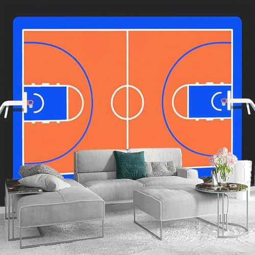 LUPAXA Photo 3D Wallpaper Basketball Court 450x315cm，Orange and Blue Silk Cloth Wall Art for Bedroom Living Room