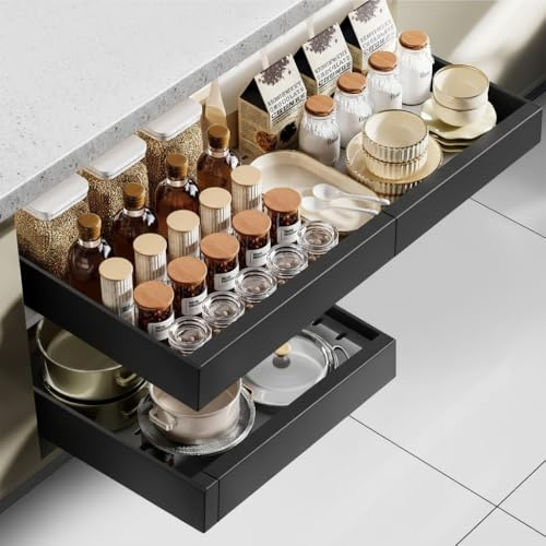 Cozary Telescopic Drawer, Pull-Out Drawer, Kitchen, Adjustable Width (32-52 cm W x 42 cm D x 7.5 cm H), No Drilling, Kitchen Drawer Organiser with Adhesive Film for Cupboards, Kitchen Cabinets