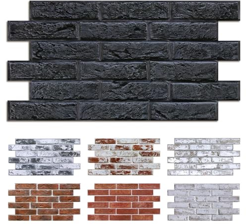 Commomy 12 Pièces Panneaux muraux 3D Autocollants Aspect Brique Pierre | 58 x 30 cm, 3 MM D'épaisseur, Revêtement Mural PVC pour Salon, Cuisine, Chambre à Coucher, Intérieur(Black Grey Brick)