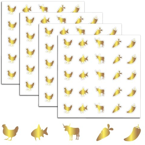 PRESSINART 1 Stück Hochzeits Essensaufkleber Gold Menü Aufkleber Huhn Fisch Kuh Karotte Chili Muster 500 Zoll Goldene Hochzeitsmenü Anzeige Aufkleber Kunststoff Wasserdichtes Etikett Für Platzkarten
