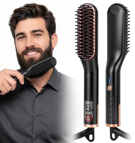 Mineup Cepillo Alisador De Barba, Mini Cepillo Alisador Para Hombre, Peine Alisado Electrico Para Hombres Con 3 Niveles De Temperatura, Para Peinar Barba Larga Y Corta, Protección Antiquemaduras