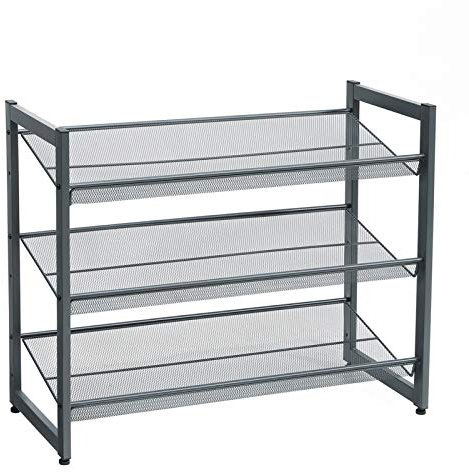 SONGMICS 3 Ebenen Metall-Schuhregal, Meshregal, verstellbare Ablage flach oder abgewinkelt Regalböden, stapelbares Lagerregal für Flur, 74 x 62,8 x 30,7 cm (B x H x T) dunkelgrau, LMR03GB